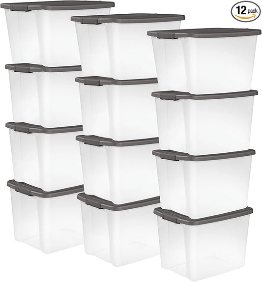 Sterilite 12-Pack 50 Quart ShelfTote, Clear Plastic Storage Organizer Bins with Gray Lids – Stackable Home and Office Containers for Closet or Shelves