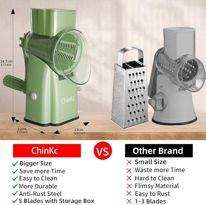 ChinKc Upgrade Rotary Cheese Grater Shredder with Handle, Strong Suction Base, Multi-purpose Rotary Grater Slicer with 5 Interchangeable Blades for Ice, Vegetables, Fruit, Nuts with Blade Storage Box
