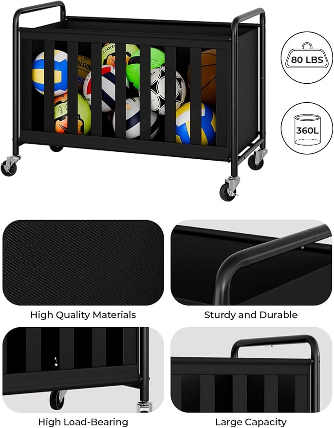 StorageWorks Ball Storage with Wheels, Ball Cart for Garage, Garage Sports Equipment Organizer, Balls Organizer for Basketball, Football, Volleyball