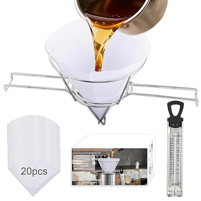 Maple Syrup Cone Filter Holder Stand with Thermometer, Stainless Steel Filter Strainer with 20pcs Cone Filter Paper & Folding Arms for Maple Syrup Making and Filtration of Cooking Oil, Kitchen
