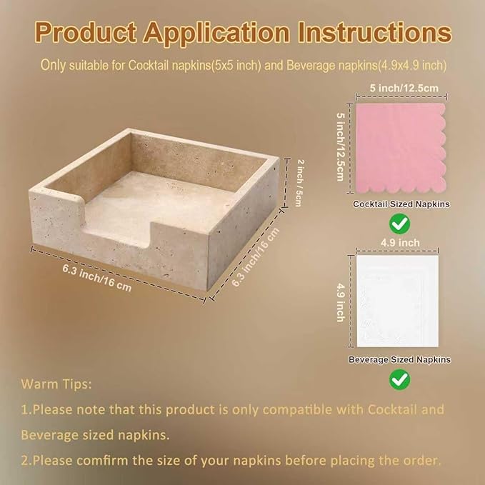 Shonmogar Cocktail Napkin Holder,Travertine Stone Napkin Holders Fit for 5”x5” Cocktail-Sized Napkins,Stone Napkin Holder for Table Kitchen Counter Dining Room Party Bar Decor,Beige