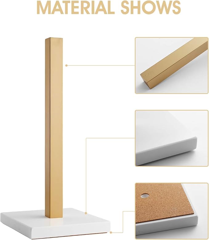 LUTAVOY Paper Towel Holder Kitchen Standing Paper Towel Roll Holder with Marble Base for Bathroom Kitchen Countertop(Gold,White Base KZ20)