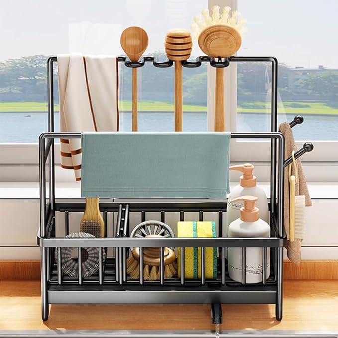 Sink Caddy with Drain Pan, Sponge and Dishcloth Holder, Rustproof Stainless Steel Organizer, Removable Brush Holder, Auto Drain Tray