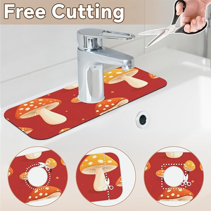 1 PC 15.4*5.7 Inch Absorbent Faucet Mat for Kitchen Sink Diatom Mud Tailored Sink Splash Guard for Bathroom Kitchen Red Mushroom