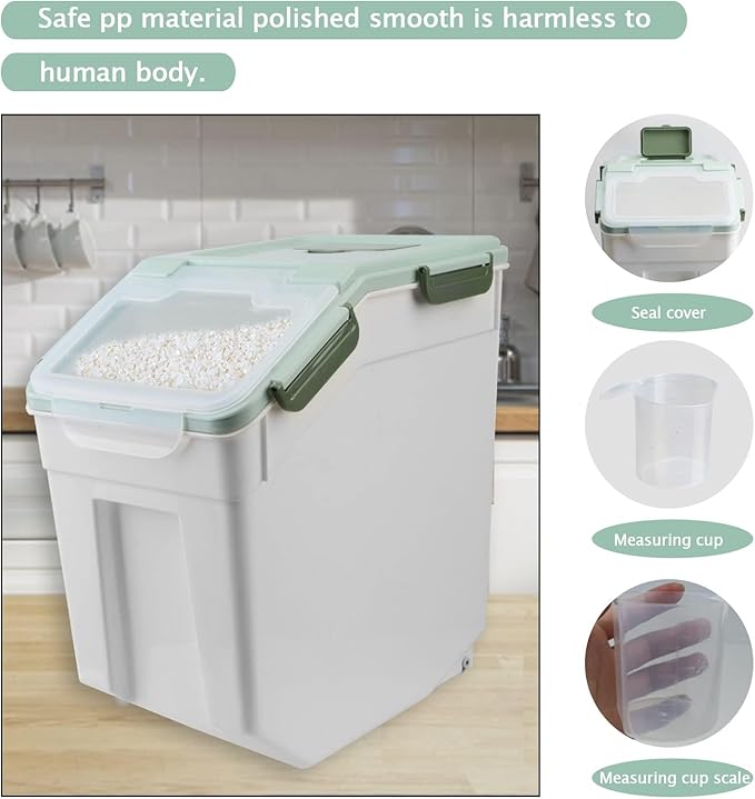Large Flour Storage Container, 50lbs 2 Pack Rice Storage Bin with Sealed Lid, Measuring Cup & Scoop, BPA Free Plastic Rice Dispenser for Flour, Rice, Dog Food for Kitchen Pantry Organization - Green