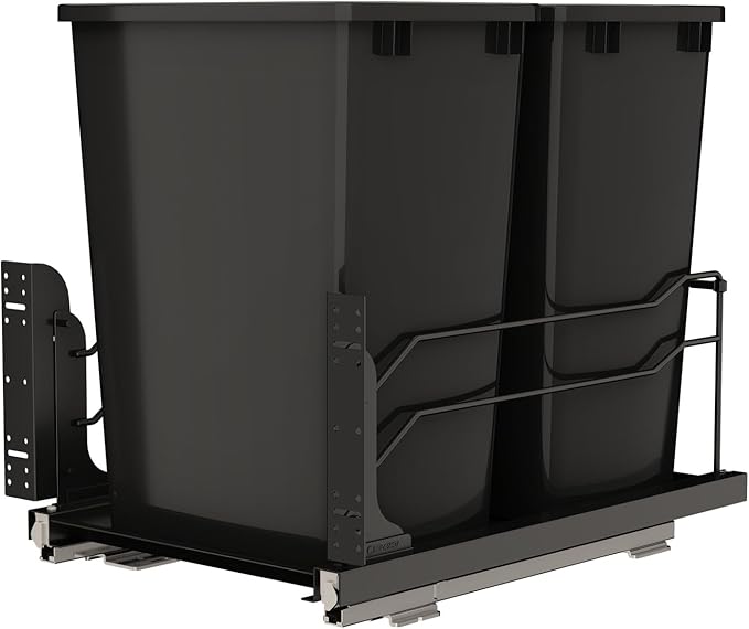Rev-A-Shelf 35 Qt Double Pullout Under Cabinet Kitchen Trash Cans w/Soft-Close, for 18” Base Cabinets, Black, 53WC-1835SCDM-218 - Container Bins for Waste Management