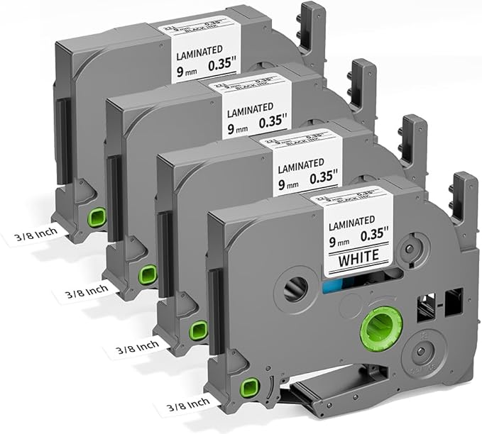 TZe-221 TZ Tape 9mm 0.35 Laminated White Replacement for Brother P Touch Label Tape 3/8 Inch TZ TZe221 Compatible with PT-D200 1280 1180 1830 Label Maker Tape Refills, 8m (26.2 ft), 4 Pack