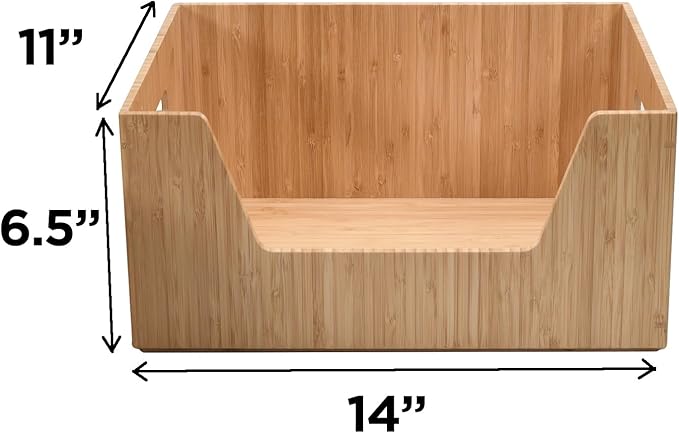 Bamboo Storage Box with Open Front Stackable Bin Organizer to use in kitchen pantries, cabinets and countertops, 14 x 11 x 6.5 inches