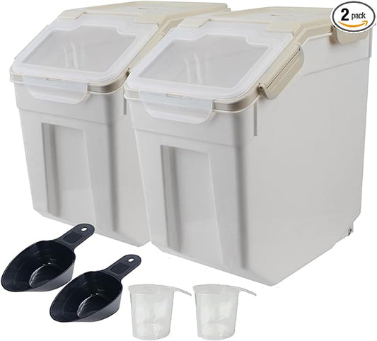 Saim Rice Storage Container 25 lbs, 2 Pack Flour Bin with Measuring Cup & Scoop, BPA Free Rice Dispenser, Cereal & Dog Food Containers, Kitchen Organizer for Dry Beans, Oatmeal and Grains - Gray