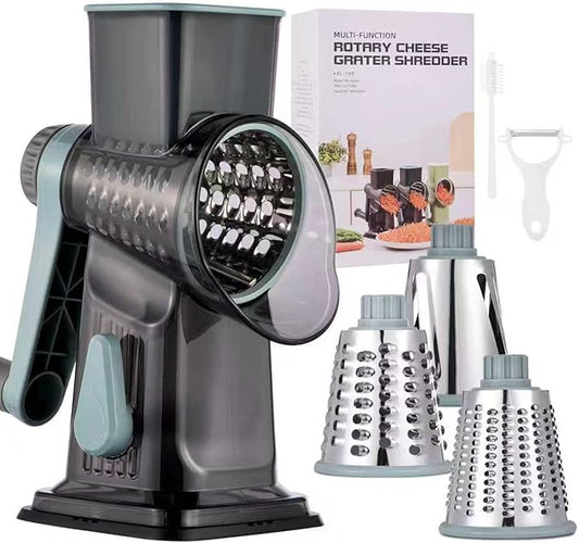 Rotary Cheese Grater with Handle Kitchen Shredder Slicer Grater Slicer Ice Shaver Cheese Vegetable Nuts Potato Zucchini Chocolate 3 Interchangeable Blades (GreyBlue)