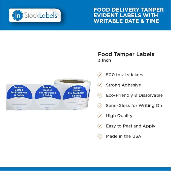 InStockLabels 500 Blue/White Circle Tamper-Evident Food Seal Stickers with Date and Time Section, Labels for Food Containers (3 Inches)