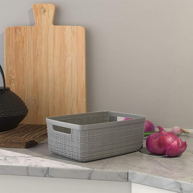 Curver Set of 8 Small 4.5L Jute Decorative Plastic Organization and Storage Baskets - Perfect Bins for Home Office, Closet Shelves, Kitchen Pantry and All Bedroom Essentials, Grey