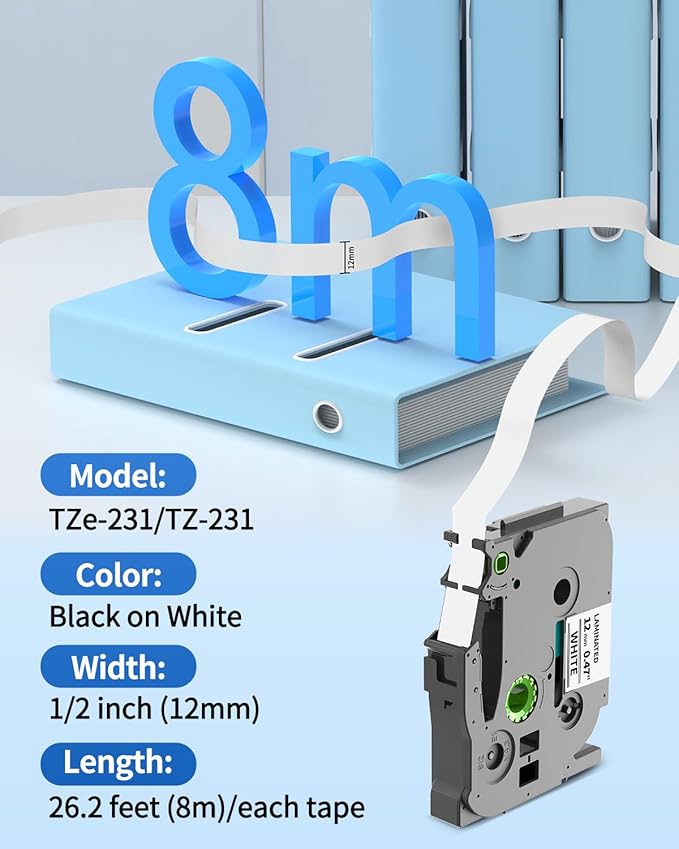 TZe-231 TZe231 Replacement for Brother Label Maker Tape TZe TZ Tape 12mm 0.47 Inch Laminated White P Touch Label Tape, Compatible with Brother PT-D210 D220 H110 D400 D410 D600 D610BT, 4-Pack