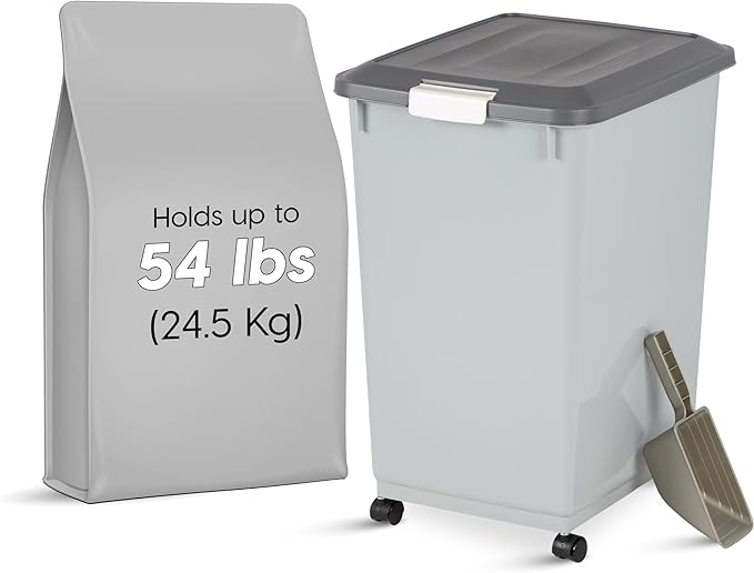 IRIS USA Dog Food Storage Container 54 lbs, 2-Pack with Wheels, Airtight Lid, 2-Cup Scoop, Double Pet Food Storage, Built in Scoop Storage in Lid, Versatile Pet Food Bin, Portable, Gray/Dark Gray