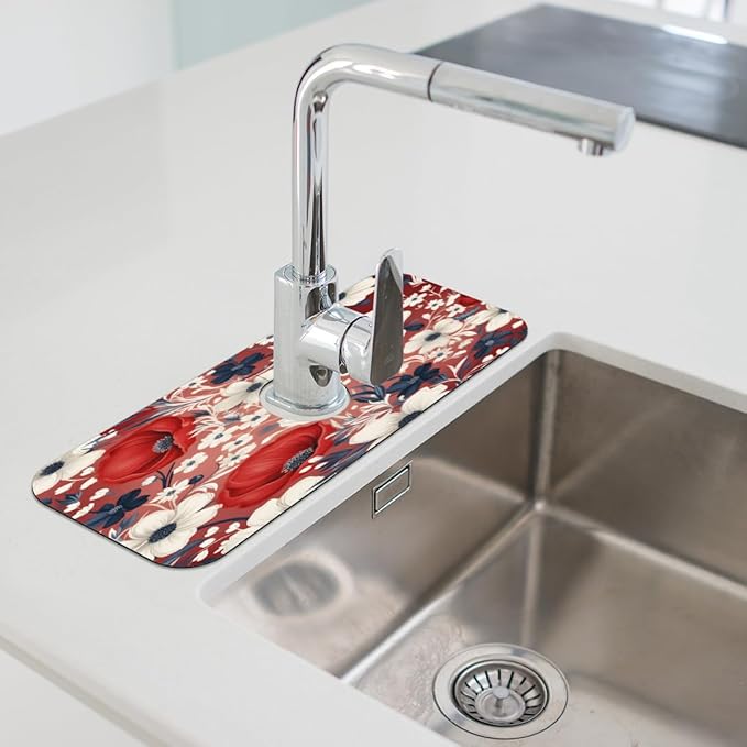 Red White Floral Bliss Kitchen Faucet Mat Splash Guard, 15.4”x5.7” Absorbent Quick Drying Sink Mat for Countertop Protection, Draining Mat Sink Protectors For Kitchen Bathroom, 1 Pack