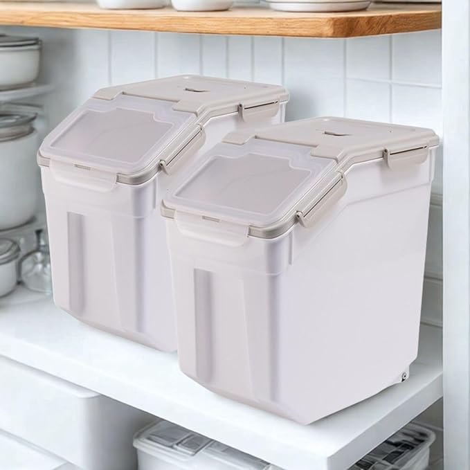50 lb Flour Storage Container, 2 Pack Rice Storage Container with Measuring Cup/Wheels Seal Locking Lid for Flour, Rice, Grain, Cereal, Dry Food Dispenser Organizer Storage Bin (Grey)