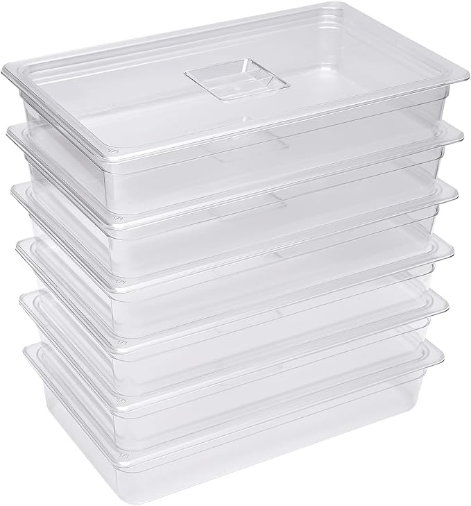 DYNAMI 6 Pack Food Pans with Lids,Full Size 4in Deep Commercial Clear Square Freezer Food Storage Containers,Heat-Resistant,Freezer-Safe To Vegetables,Fruits, Meats, Grains, for Kitchen Restaurant
