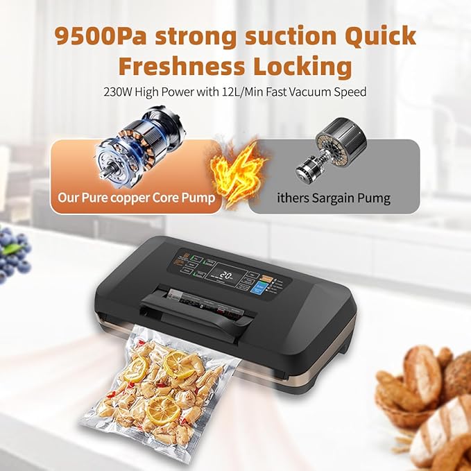 WubbaLubba 95kpa Commercial Vacuum Sealer, Automatic Food Sealing Machine with Easy-Lock, Integrated Cutter & Starter Kits for Food Storage Preservation