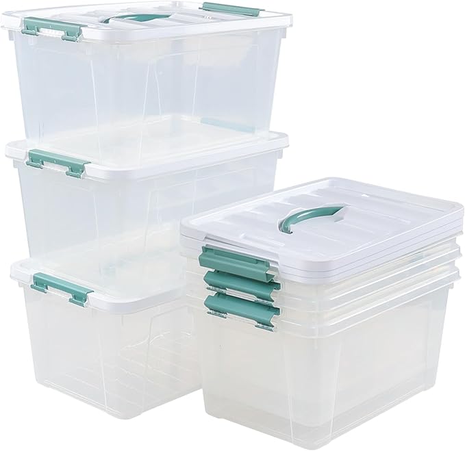 14 Quarts Plastic Latch Box with Handles, Clear Storage Bin Totes Set of 6