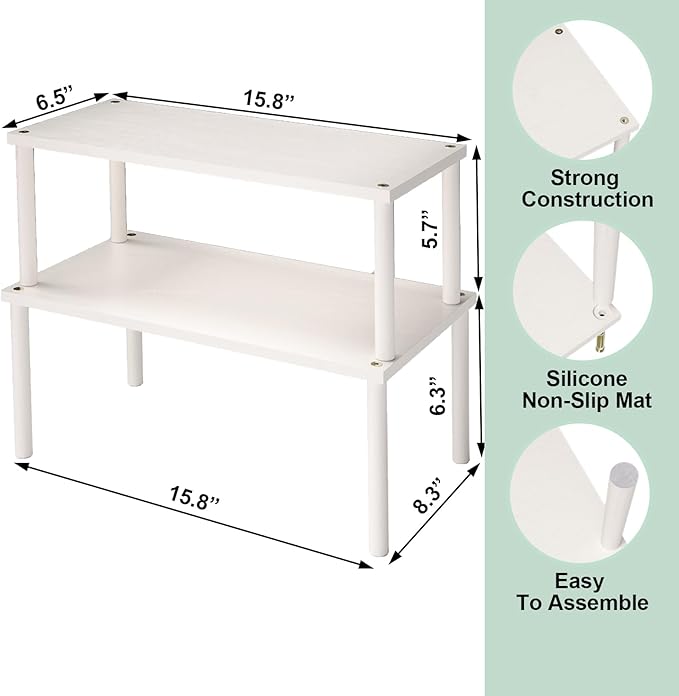 VERTORGAN Cabinet Organizer Shelf(Set of 2),Kitchen Counter Shelves,Bamboo Spice Rack Countertop and Cabinet,Stackable Expandable,Large(White)