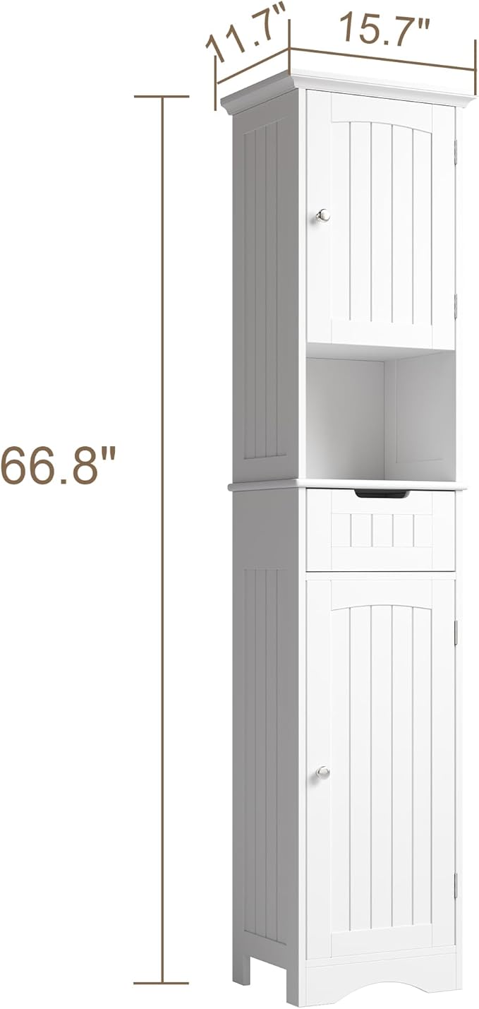 ChooChoo 67" Tall Bathroom Storage Cabinet, Narrow Bathroom Cabinet with 2 Doors and 1 Drawers, Freestanding Cupboard Floor Cabinet with Adjustable Shelves for Living Room, Kitchen, White