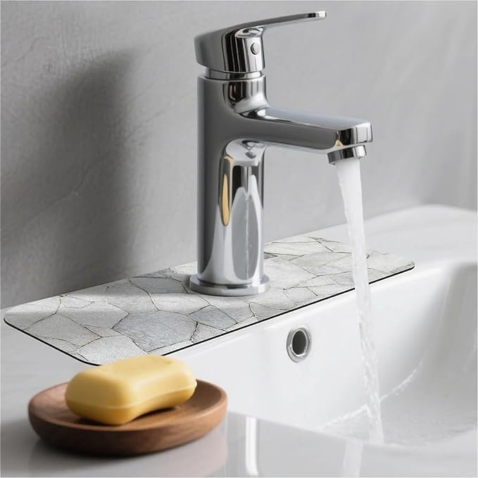 Kitchen Sink Splash Guard，White stone wall Faucet Mat Sink Gadgets-Super Absorbent Fast Drying Mat Drip Catcher for Kitchen, Bathroom,Sink Mat, Dish Drying Mat, Bathroom(15" X 5.5" )