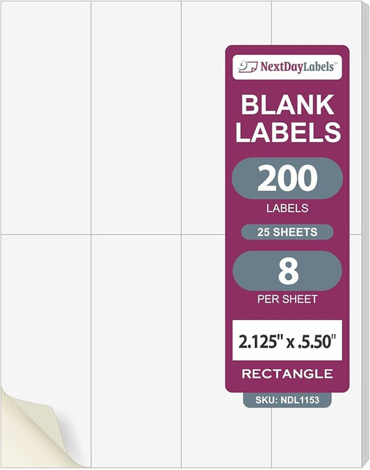 NextDayLabels 2.13x5.5 Inch Rectangle Stickers White Blank Labels for Laser Inkjet Printer - 8 Per Sheet Self-Adhesive Unique Size Label Made in USA - 200 Labels