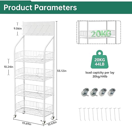 Retail Candy Snack Display Rack, 4-Tier Black Metal Storage Shelf Brackets with Wheels & Hooks Multifunctional, Home Theater Concession Stand Snack Shelf Organizer for Pantry Kitchen, White