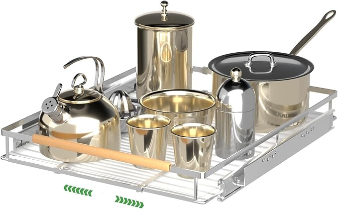SOFRON Expandable Pull Out Drawer Cabinet Organizers, Heavy Duty Slide Out Storage Shelf for Home Kitchen Pantry Cupboard Pots Pans, Adjustable Width from 17.2"~28.1", Stainless Steel 1 Pack