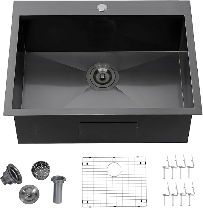 25 x 22 Inch Black Kitchen Sink, Topmount Drop In Stainless Steel Single Bowl Kitchen Sink, 16 Gauge Extra-Thick Modern Bar Prep RV Laundry Sinks with Dish Grid and Basket Strainer