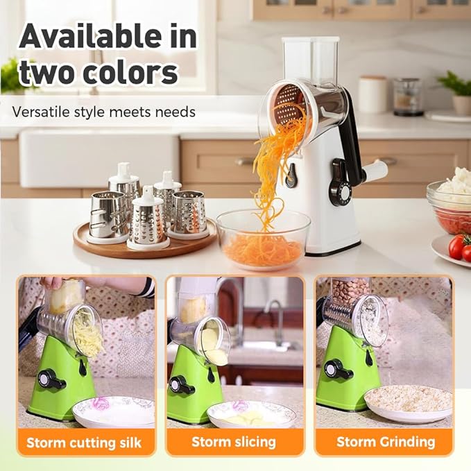 5 In 1 Food Chopper, 2026 New Rotary Cheese Grater - 3 Interchangeable Blades Manual Speed Round Food Slicer, Nut Grinder with Strong Suction Base (Green)