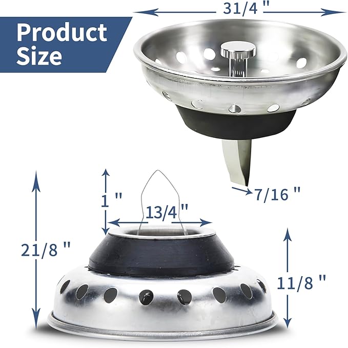 2 Pack Sink Drain Strainer, Kitchen Sink Drain Strainer And Stopper Combo Basket Spring Clip Replacement for Standard 3-1/2 inch Drain, Stainless Steel Basket with Knob, Rubber Stopper Bottom