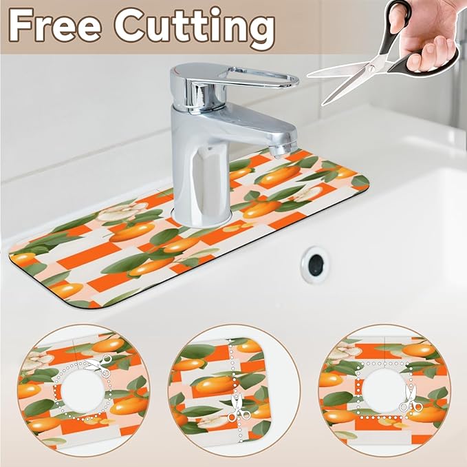 Orange Leaf Grid Pattern Kitchen Faucet Mat Splash Guard, 15.4”x5.7” Absorbent Quick Drying Sink Mat for Countertop Protection, Draining Mat Sink Protectors For Kitchen Bathroom, 2 Pack