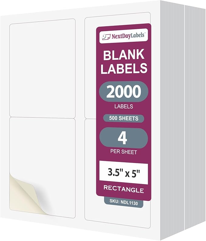 NextDayLabels 3.5x5 Inch Rectangle Stickers White Blank Labels for Laser Inkjet Printer - 4 Per Sheet Self-Adhesive Shipping Address Mailing Made in USA - 2000 Labels