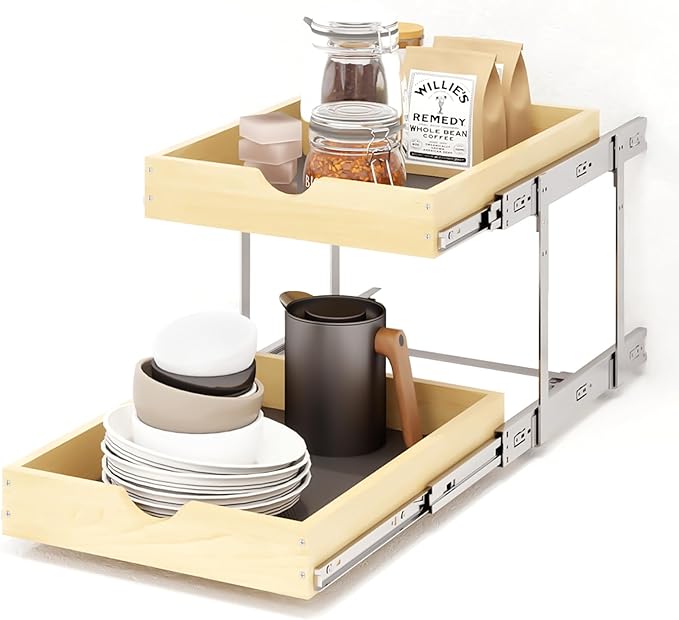 YORKING 2 Tier Pull Out Cabinet Organizer,17" W x 21" D Wooden Cabinet Pull Out Shelves,Heavy-Duty Slide out Wood Drawer Shelf,Pull Out Drawer for Cabinets,Pantry, Bathroom,Kitchen
