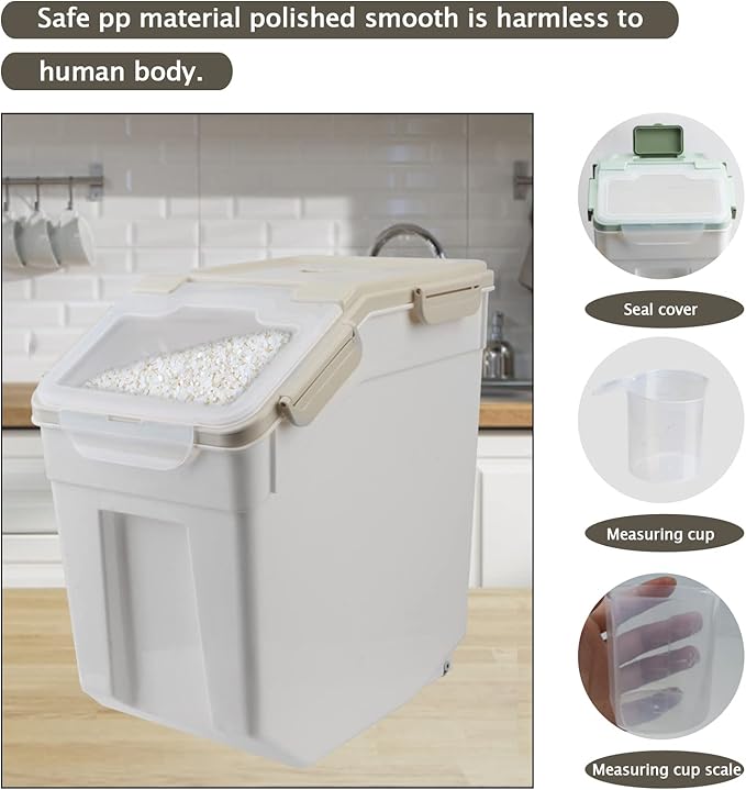 Saim Rice Storage Container 25 lbs, 2 Pack Flour Bin with Measuring Cup & Scoop, BPA Free Rice Dispenser, Cereal & Dog Food Containers, Kitchen Organizer for Dry Beans, Oatmeal and Grains - Gray