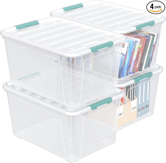 4 Pack 85 Quart Latching Storage Box Bin, Large Storage Box with Wheels, Clear