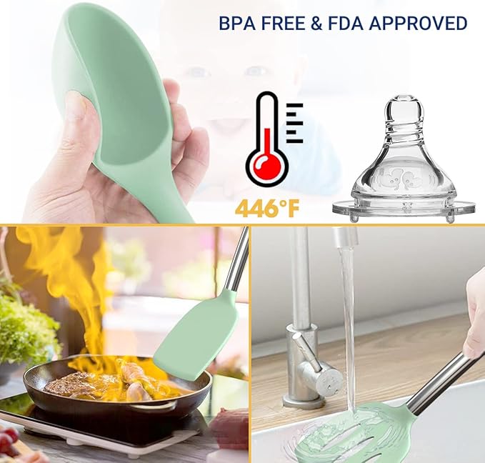 Silicone Cooking Utensil Set, Fungun Non-stick Kitchen Utensil 24 Pcs Cooking Utensils Set, Heat Resistant Cookware, Silicone Kitchen Tools Gift with Stainless Steel Handle (Green-24pcs)
