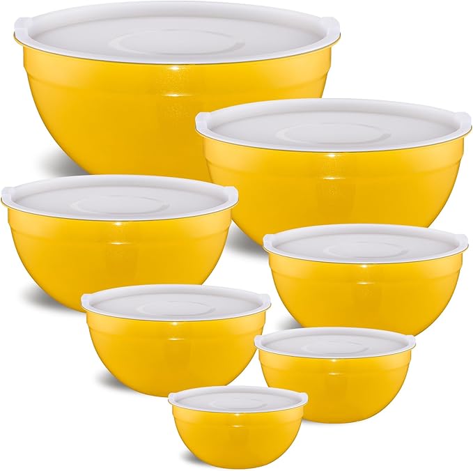 Moxinox Yellow Mixing Bowls with Airtight Lids, Stainless Steel Nesting Mixing Bowls Set of 7, Ideal for Baking, Prepping and Serving Food, Size 7, 3.6, 2.7, 2.1, 1.5, 1.1,0.8 QT, Stackable Design