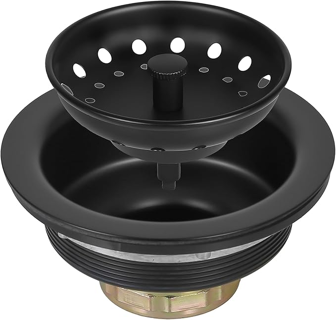 3-1/2 Inch Matte Black Kitchen Sink Drain Kit - Complete Black Kitchen Drain Assembly - Black Stainless Steel Strainer Basket Included - Fits 3.5" Standard Kitchen Sink