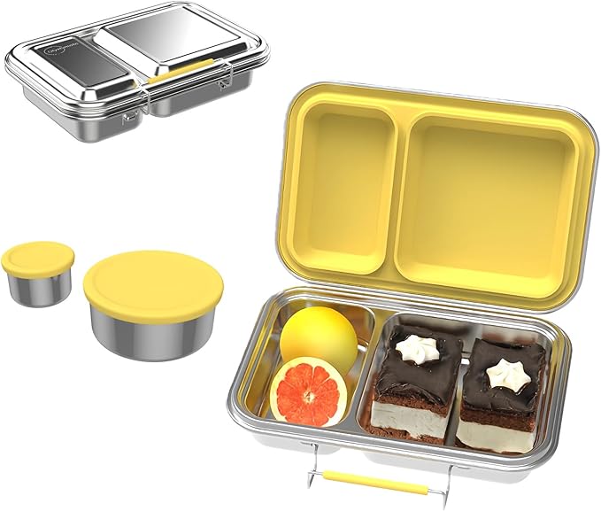 Stainless Steel Bento Box for Adults, 22.6 oz Leakproof 2-Compartments Stainless Steel Bento Containers, Metal Lunch Box with 2 Container, Dishwasher Safe, Design for Office,Outdoor, BPA-Free Yellow