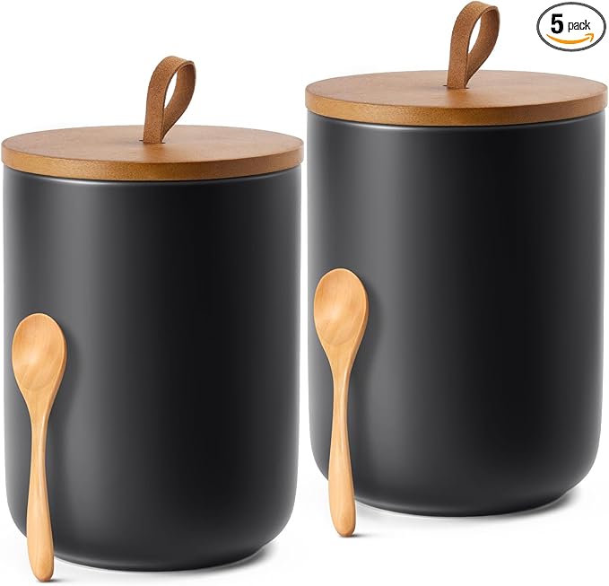 Canisters Sets for the Kitchen, 2 Large Kitchen Canister with Airtight Top Handle, Ceramic Canisters for Kitchen Counter, Black canisters, Modern Ceramic Jar with Wooden Lid for Coffee Flour