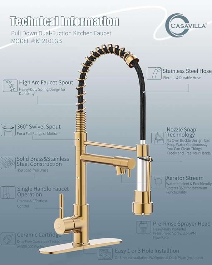 Kitchen Faucet with Soap Dispenser, Brushed Gold Kitchen Faucet, Kitchen Faucets with Pull Down Sprayer and Deck Plate, Stainless Steel Spring Camper Laundry RV Faucets for Kitchen Sinks