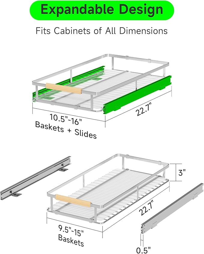 SOFRON Expandable Pull Out Drawers for Cabinets, Kitchen Cabinet Slide Out Shelves, Adjustable Roll Out Drawers, Stainless Steel, Small 2 Pack, (10.5"-16") W * 22.7"D