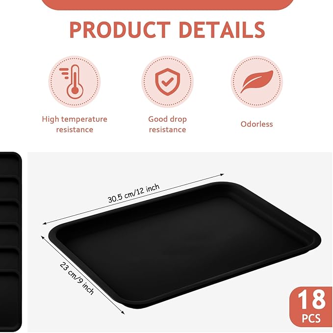 Gerrii 18 Pcs Plastic Fast Food Trays Bulk 9 x 12 Inch Restaurant Serving Cafeteria Grill School Lunch Trays Rectangular Serving Platter for Kitchen Hotel Restaurant(Black,12 x 9 Inch)
