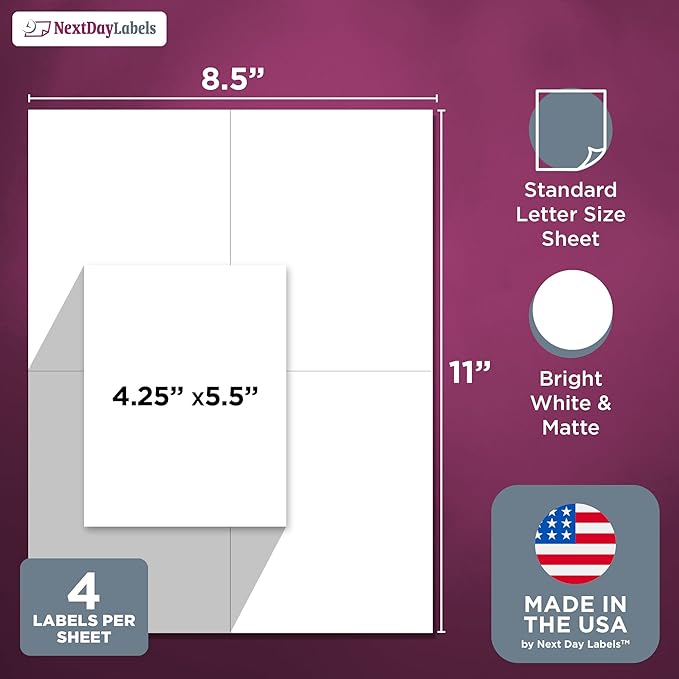 NextDayLabels 4.25x5.5 Inch Rectangle Stickers White Blank Labels for Laser Inkjet Printer - 4 Per Sheet Self-Adhesive Shipping Mailing Address Made in USA - 2000 Labels