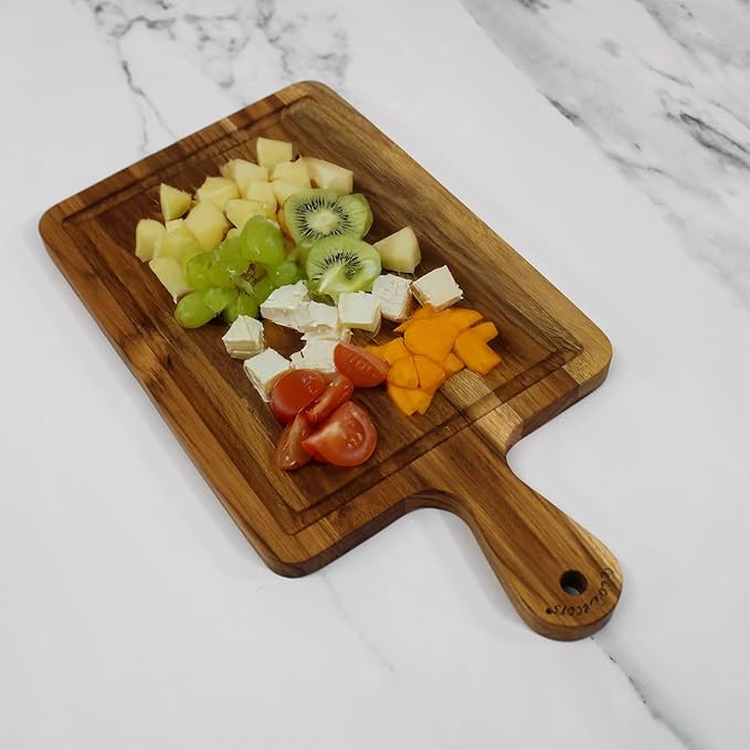 EcoDecors 15.5"x8.5" Teak Cutting Board with Handle, FSC Certified Edge Grain Wood, Small Kitchen Prep Board for Cheese & Charcuterie