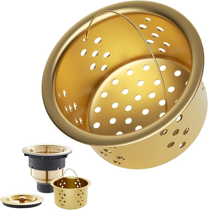 POPFLY SUS 304 Stainless Steel Deep Sink Strainer Basket – Fits Standard 3-1/2" Kitchen Drains, 2.5" Replacement Option – Removable Drain Basket with Handle for Easy Food Debris Cleaning, Gold