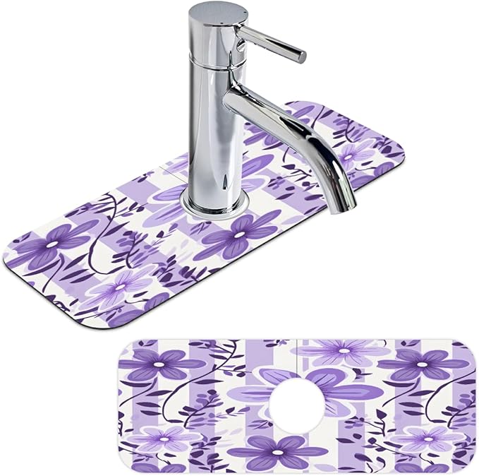 Purple Floral Stripe Kitchen Faucet Mat Splash Guard, 15.4”x5.7” Absorbent Quick Drying Sink Mat for Countertop Protection, Draining Mat Sink Protectors For Kitchen Bathroom, 2 Pack