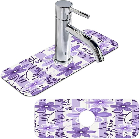 Purple Floral Stripe Kitchen Faucet Mat Splash Guard, 15.4”x5.7” Absorbent Quick Drying Sink Mat for Countertop Protection, Draining Mat Sink Protectors For Kitchen Bathroom, 2 Pack